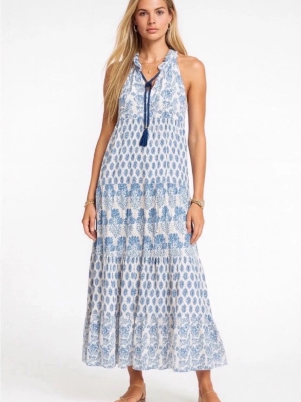 Calypso St Barth Blue & White Printed Maxi Dress Size M